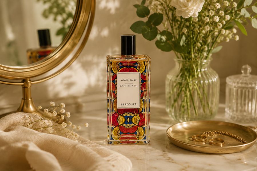Flacon de parfum Berdoues Maasai Mara posé sur une coiffeuse élégante avec miroir, fleurs et accessoires dorés, dans une ambiance chaleureuse évoquant les fragrances qui attirent les compliments.