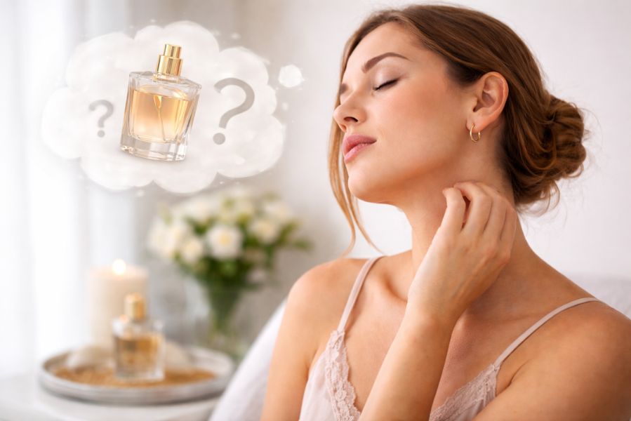 Femme semblant réfléchir à la tenue de son parfum, avec un flacon de parfum représenté dans une bulle de pensée, illustrant la question de ne plus sentir son parfum après quelques minutes.
