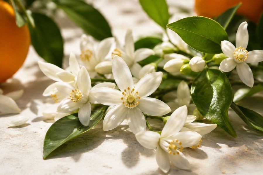 Fleurs blanches de bigaradier utilisées en parfumerie pour le néroli et la fleur d’oranger