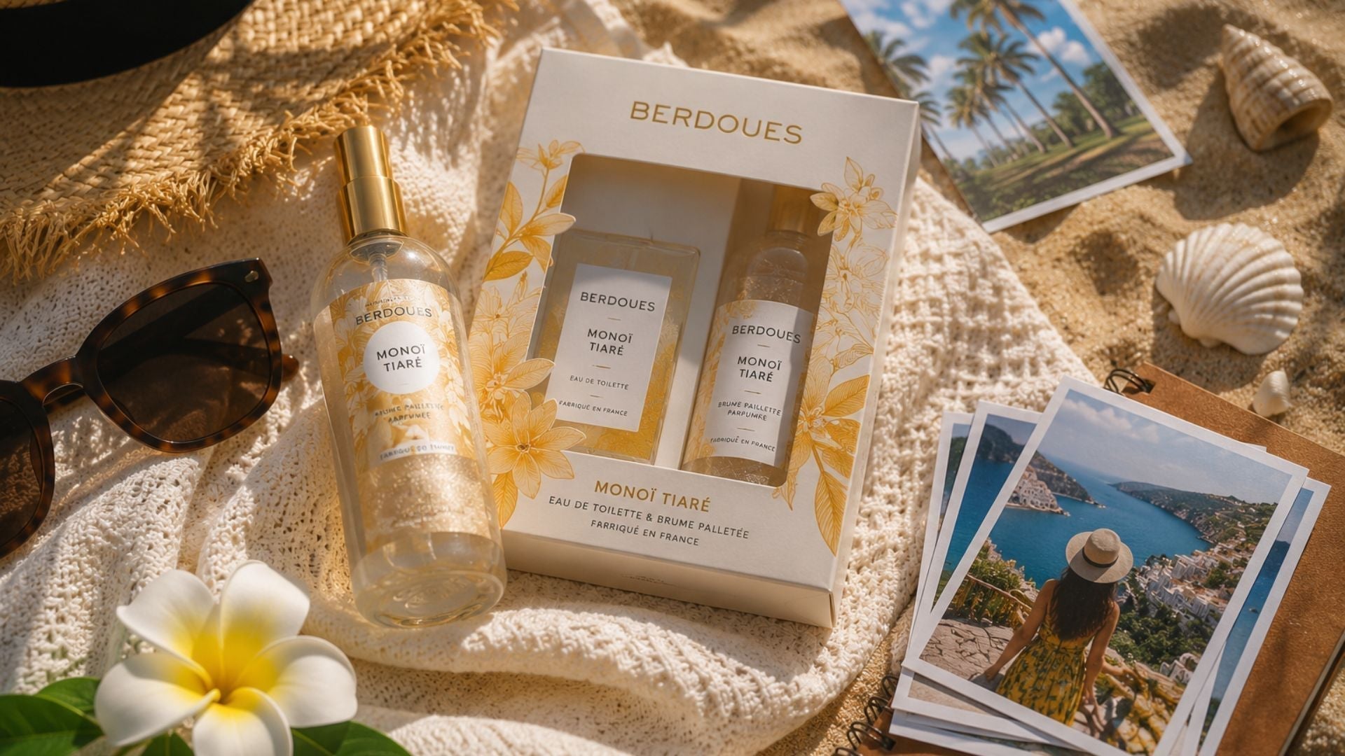 Coffret parfum Monoï Tiaré Berdoues et brume pailletée dans une ambiance de vacances évoquant les souvenirs de voyage et l'évasion.