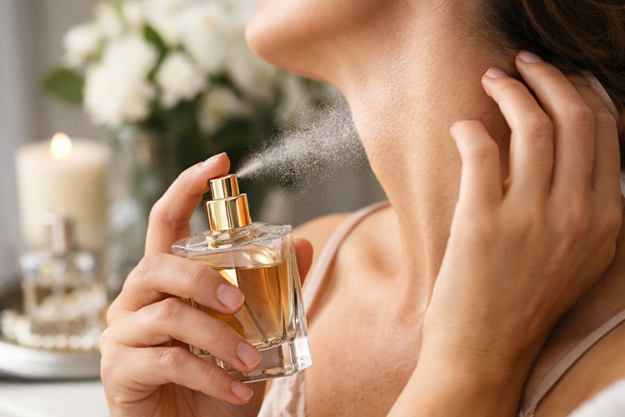 Application de parfum sur le cou au niveau d’un point de pulsation, illustrant la bonne méthode pour faire tenir un parfum toute la journée.