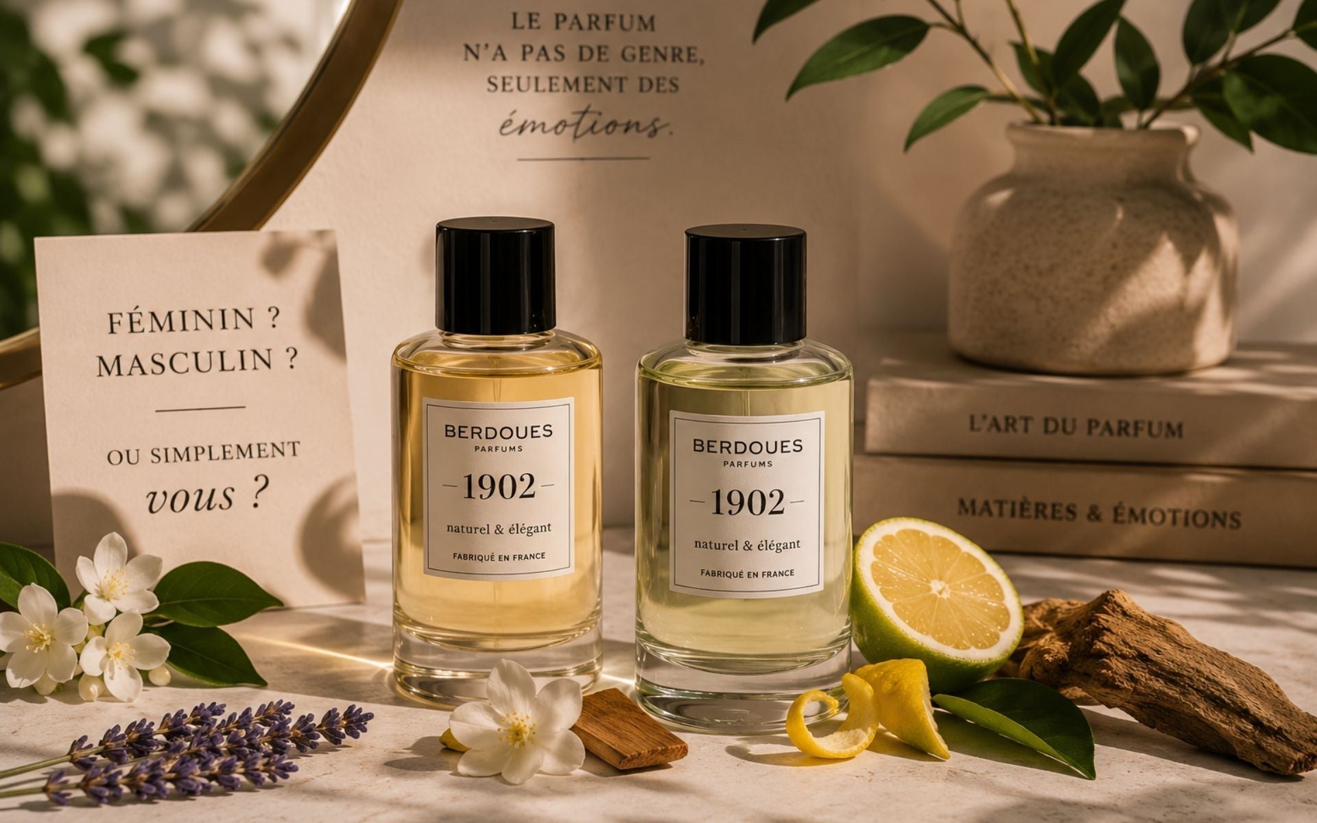 Deux parfums aux notes florales, boisées et hespéridées présentés dans une composition élégante illustrant l'évolution des parfums mixtes.