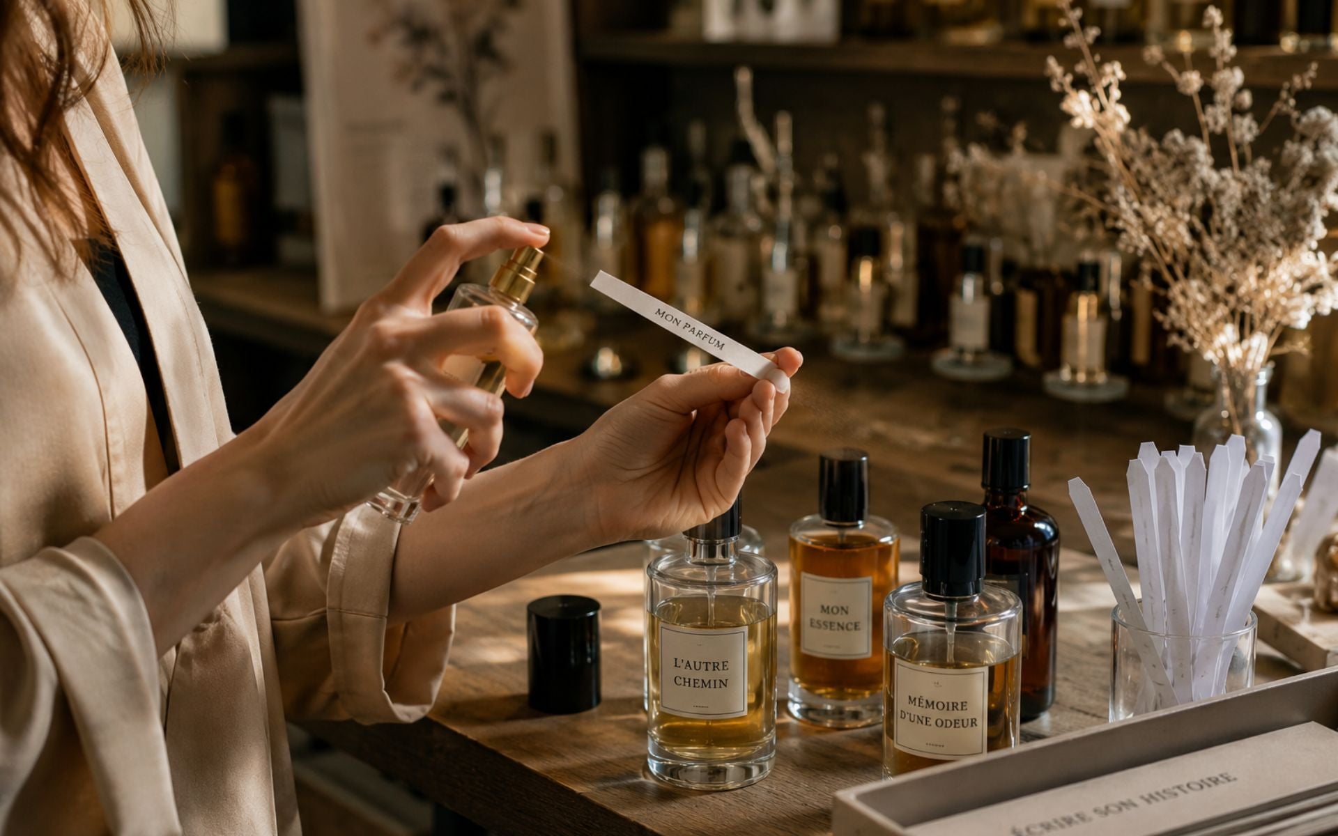 Personne découvrant plusieurs parfums afin de choisir une fragrance unique qui reflète sa personnalité et sa signature olfactive.