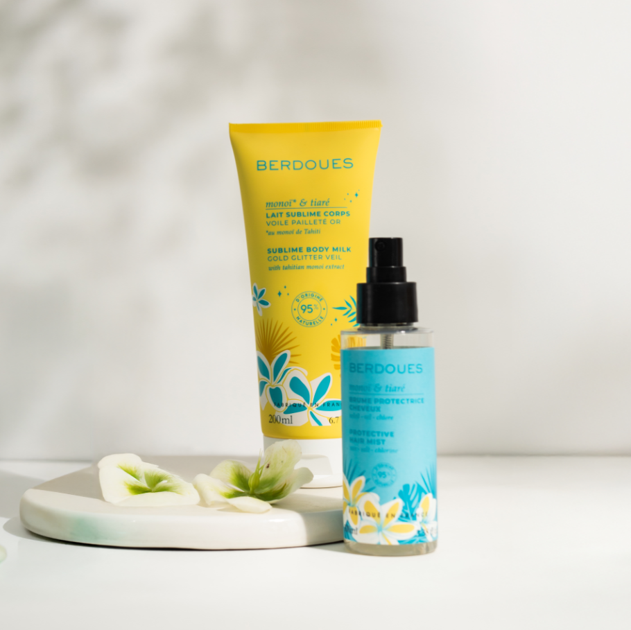 Duo Monoï et Tiaré Brume protectrice cheveux et Lait pailletée