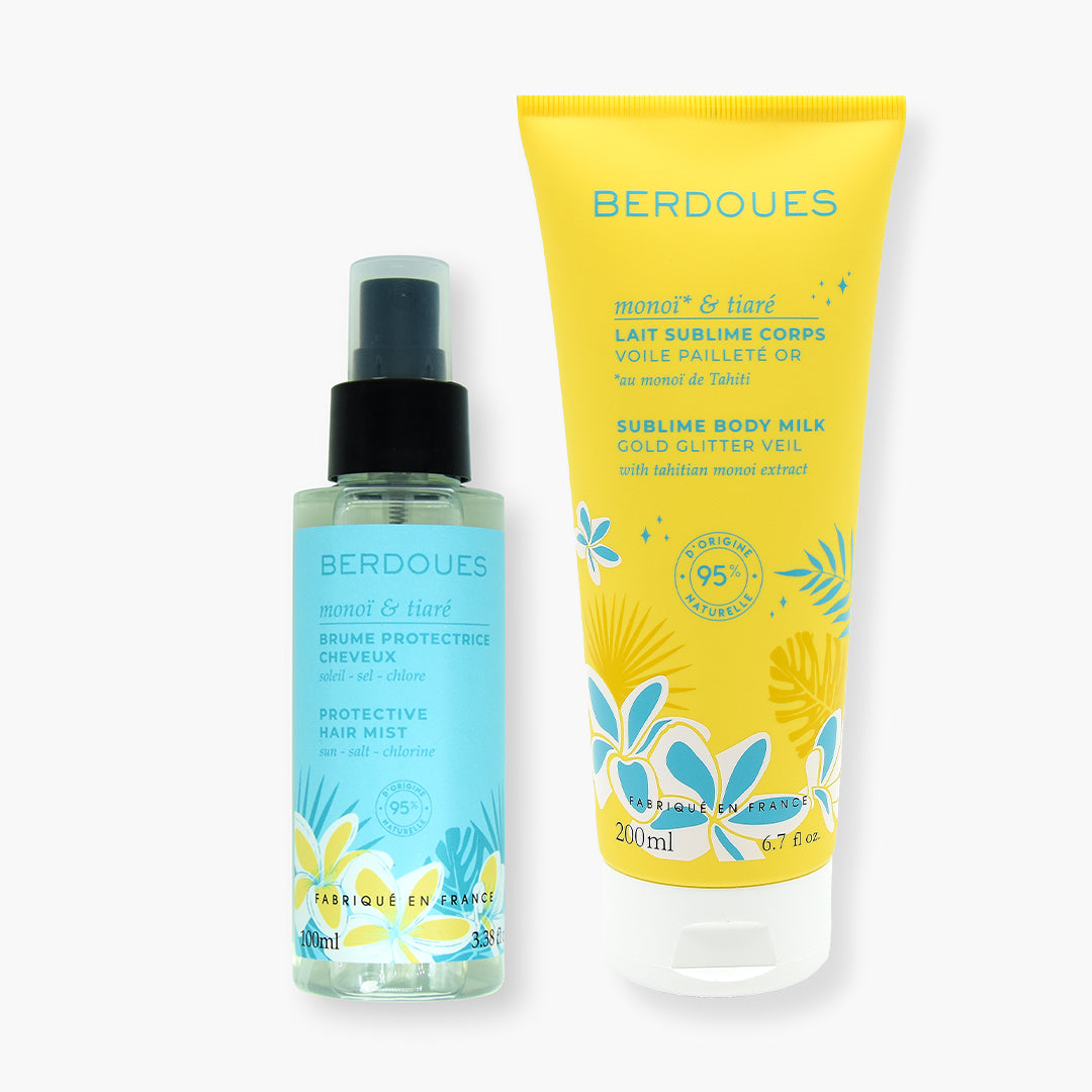 Duo Monoï et Tiaré Brume protectrice cheveux et Lait pailletée